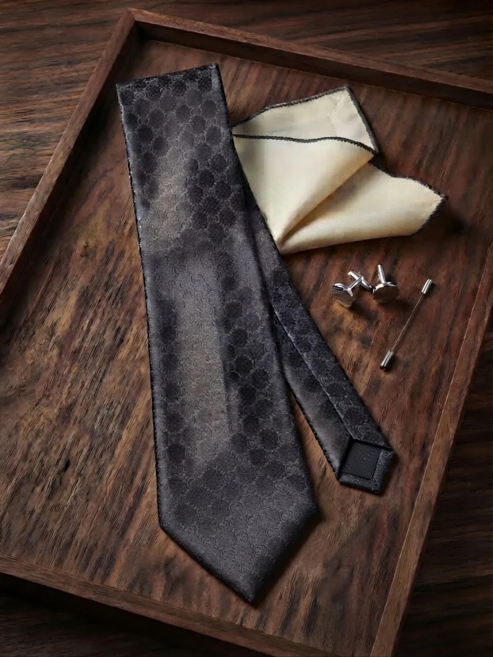 Authentic Gucci GG Monogram Silk Tie | Dark Grey / Charcoal Luxury Necktie CC